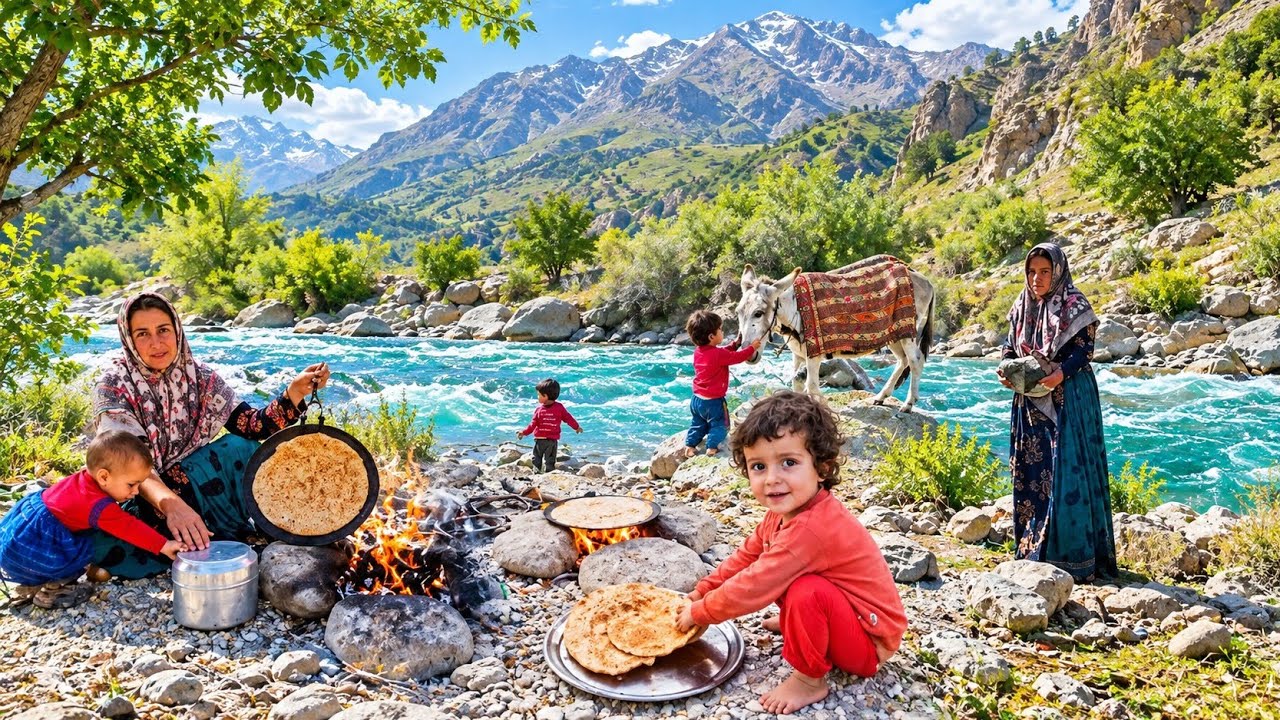 🔥🏔️ Nomadic Life by the Rushing Khersan River | Baking Traditional Bread and Building a Shelter