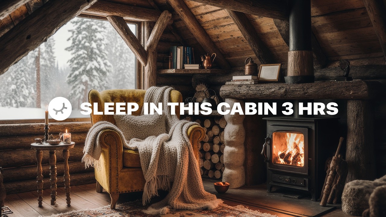 Cozy Cabin Wood Stove & Falling Snow ❄️ | Rustic Ambience for Sleep & Relax | 3 Hours 4K