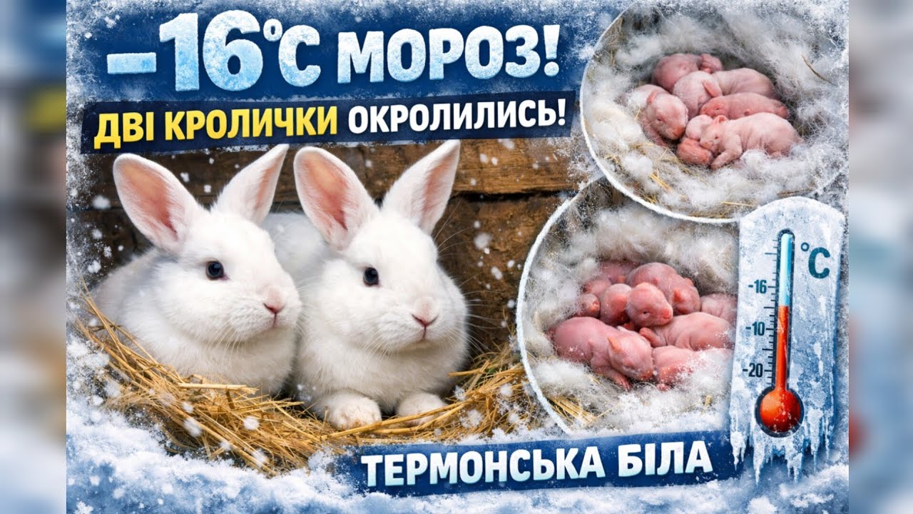 Зима у розпалі а кролики родяться, Термонська біла в -16°С #кролі#мороз#зима#село