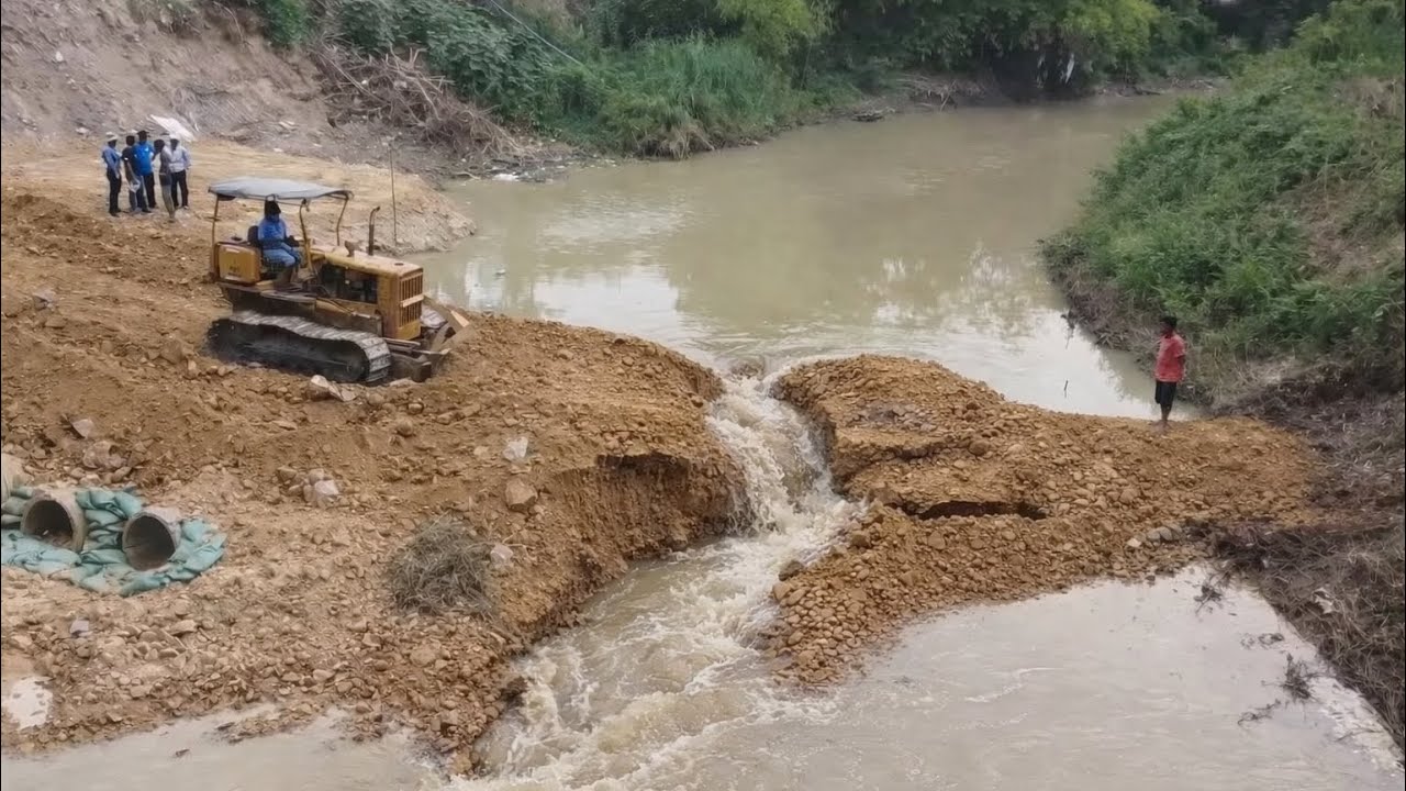 Small Dozer And Excavator Repair The Road To Built Small Bridge In Village