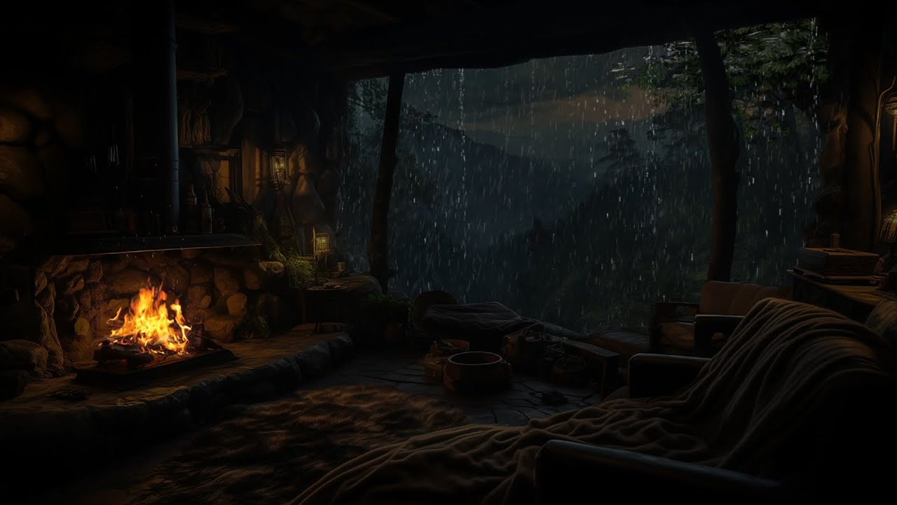 Shelter in a Cozy Forest Cave 🌧️ Rain, Thunder & Campfire Sounds for Deep Sleep & Relaxation 🔥😴