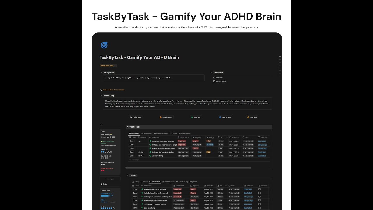 ADHD Notion template |  Gamify Your ADHD Brain | Template Overview