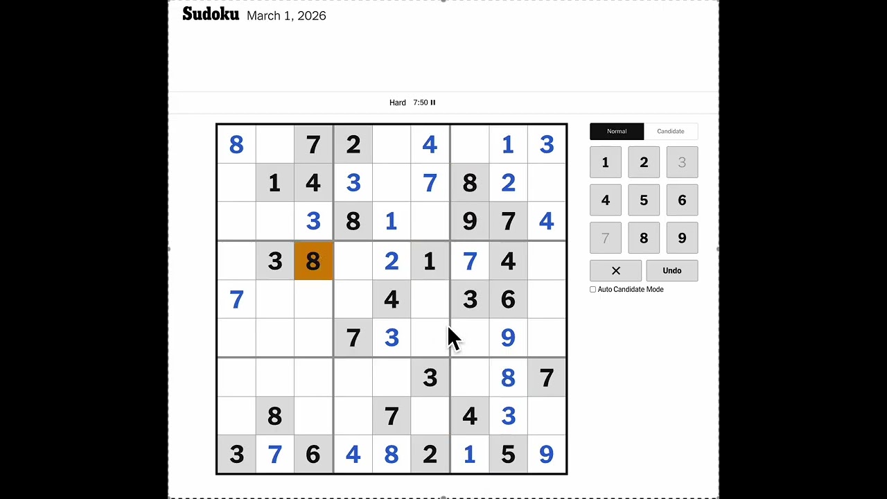 New York Times Sudoku Hard Solution for March 1, 2026: Solving without Markings