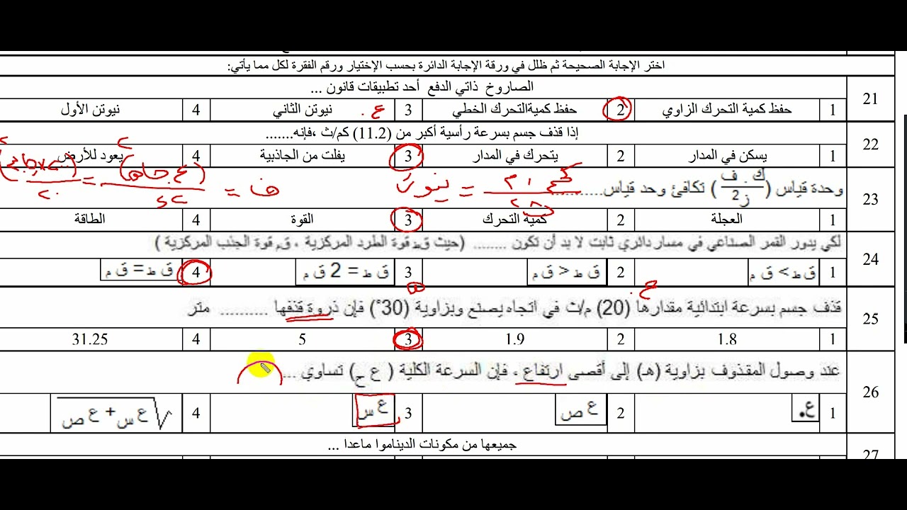 حل نموذج من اختبارات الفيزياء  2022م