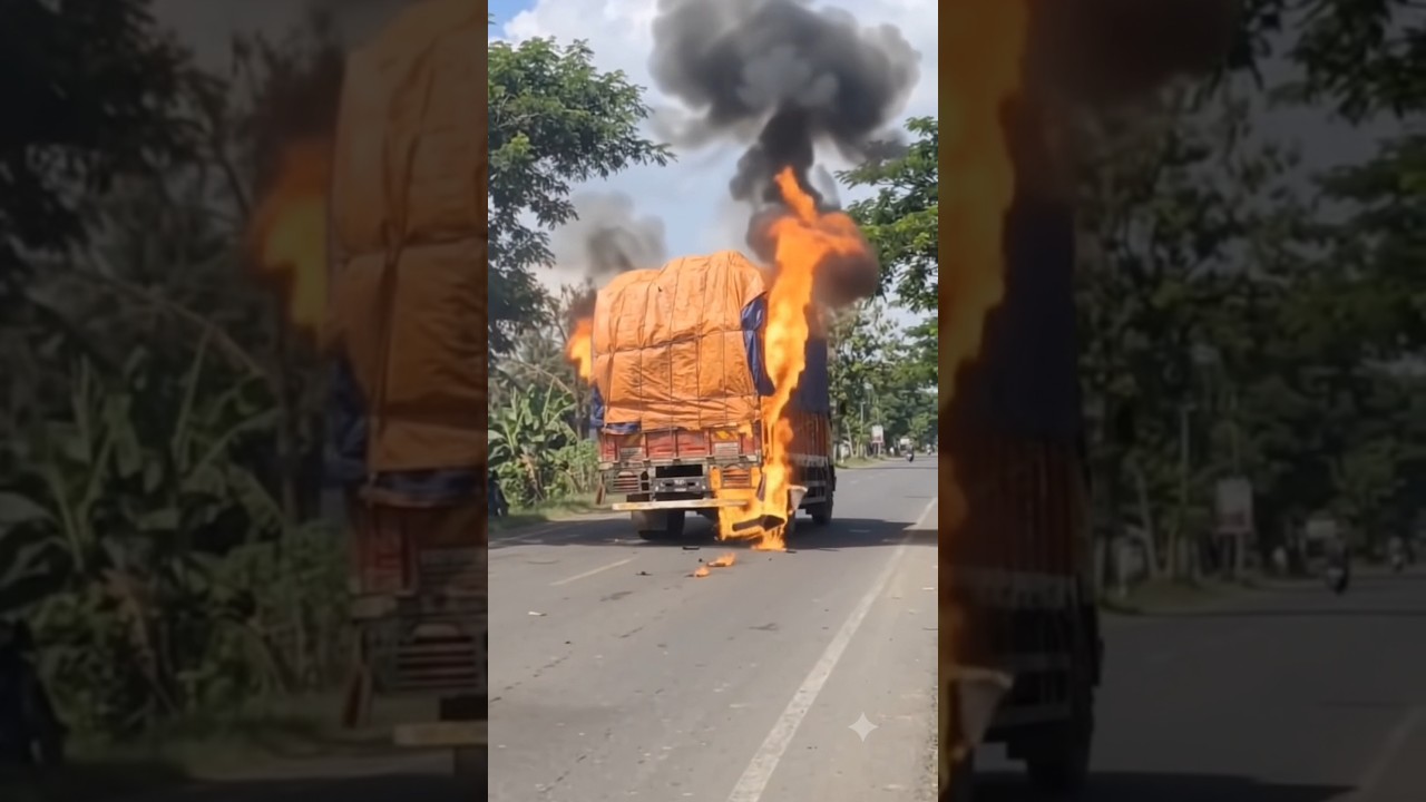Shocking Road Incident: Heavily Loaded Truck Catches Fire On The Move! 😨😰 #trafficrules #trafficwoes