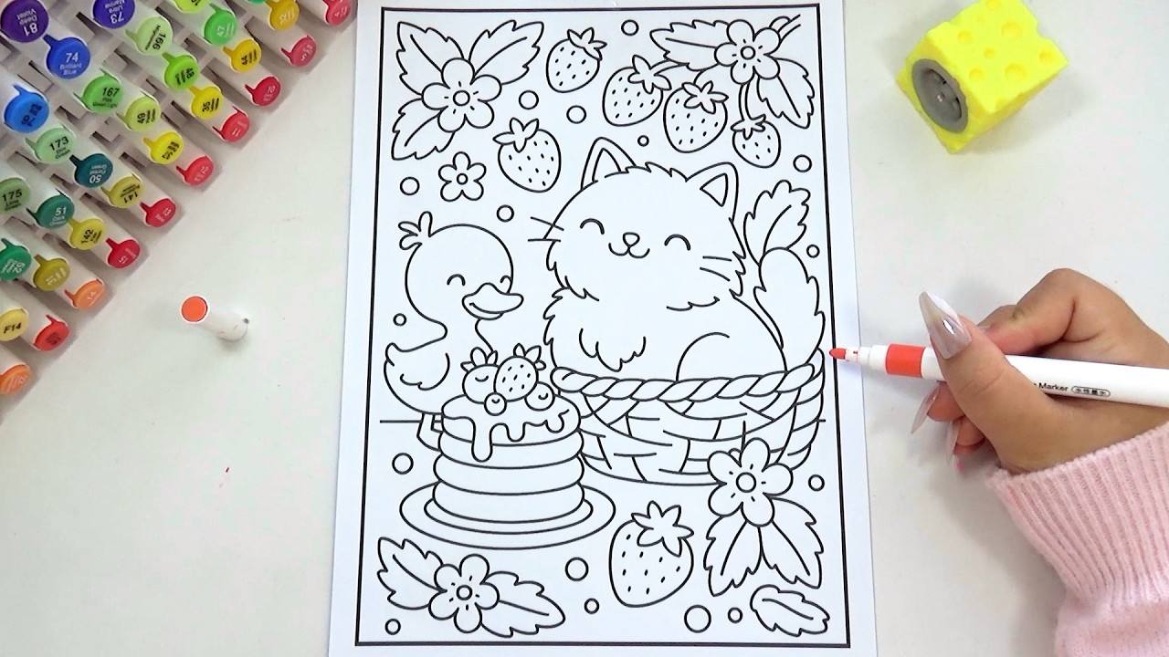 Cozy Coloring Session: Cat, Duck, and Strawberries 🥞🍓