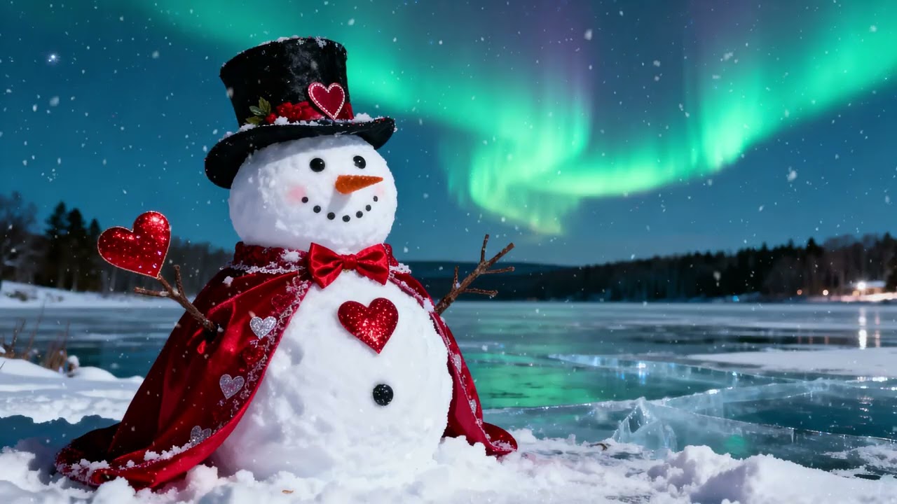Snowman is ready for Valentine, Winter Landscape Scenery Snow Falling, Background Loop Video 3H 【4K】