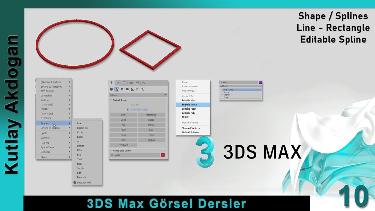 Autodesk 3DS Max Dersleri-10  3DS Max Shape / Spline Line-Rectangle Editable Spline