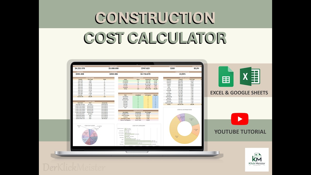 Excel Construction Cost Calculator | Detailed & Quick Construction Cost Estimation Dashboard / ETSY