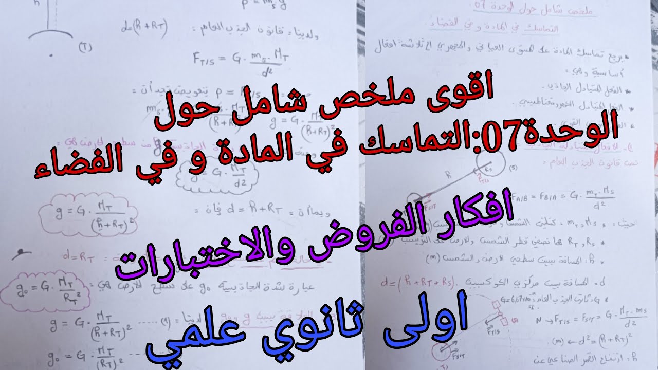 اقوى ملخص شامل حول  الوحدة07:التماسك في المادة و في الفضاء للسنة الاولى ثانوي علمي فيزياء