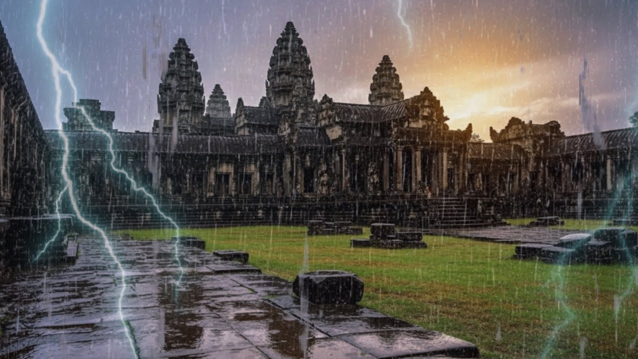 Heavy Rain at Angkor Wat  Static Camera 8K Ambience for Deep Sleep