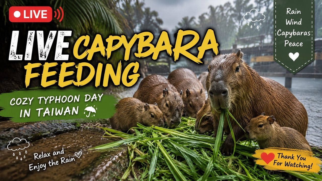 Live Capybara Feeding Cozy Typhoon Day in Taiwan