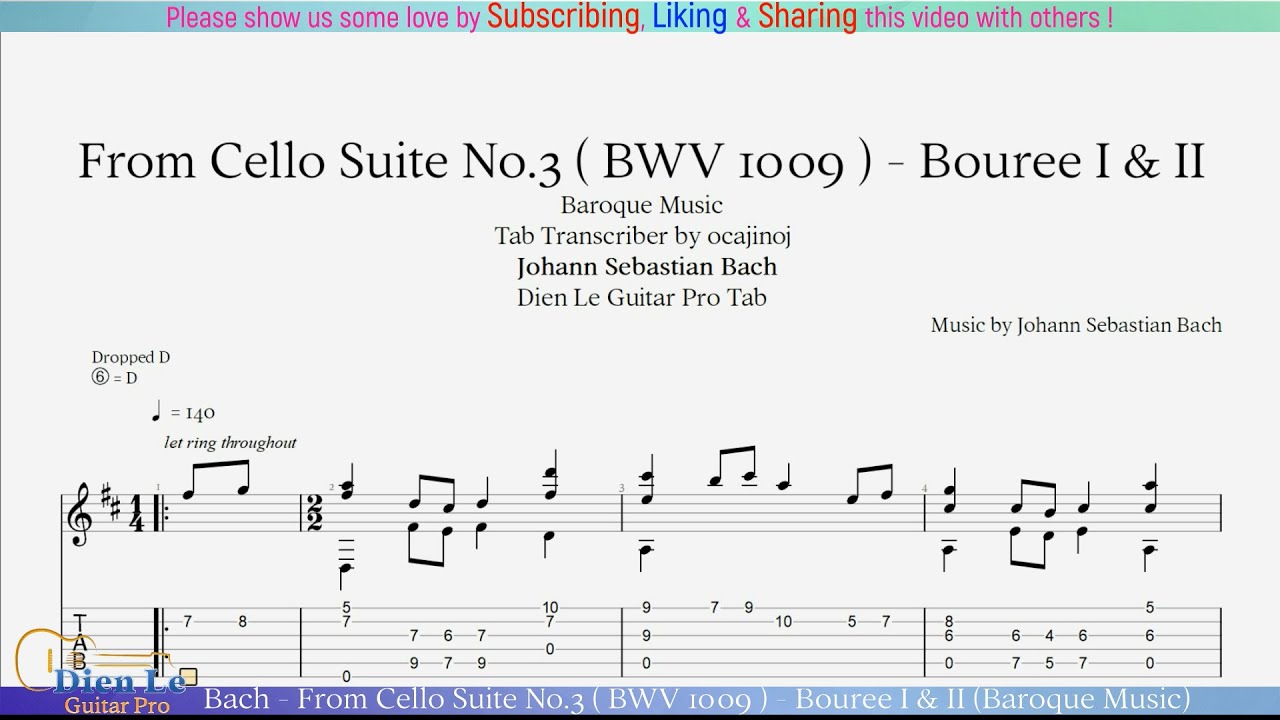 For Classical Guitar with TABs - Bach - From Cello Suite No.3 BWV 1009- Bouree I & II(Baroque Music)
