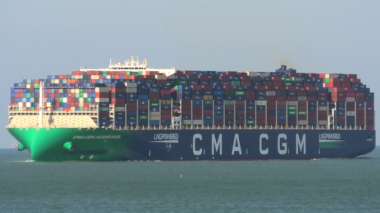 Containership CMA CGM Jacques Saadé inbound Le Havre, France, carrying a record-breaking 21,433 TEU