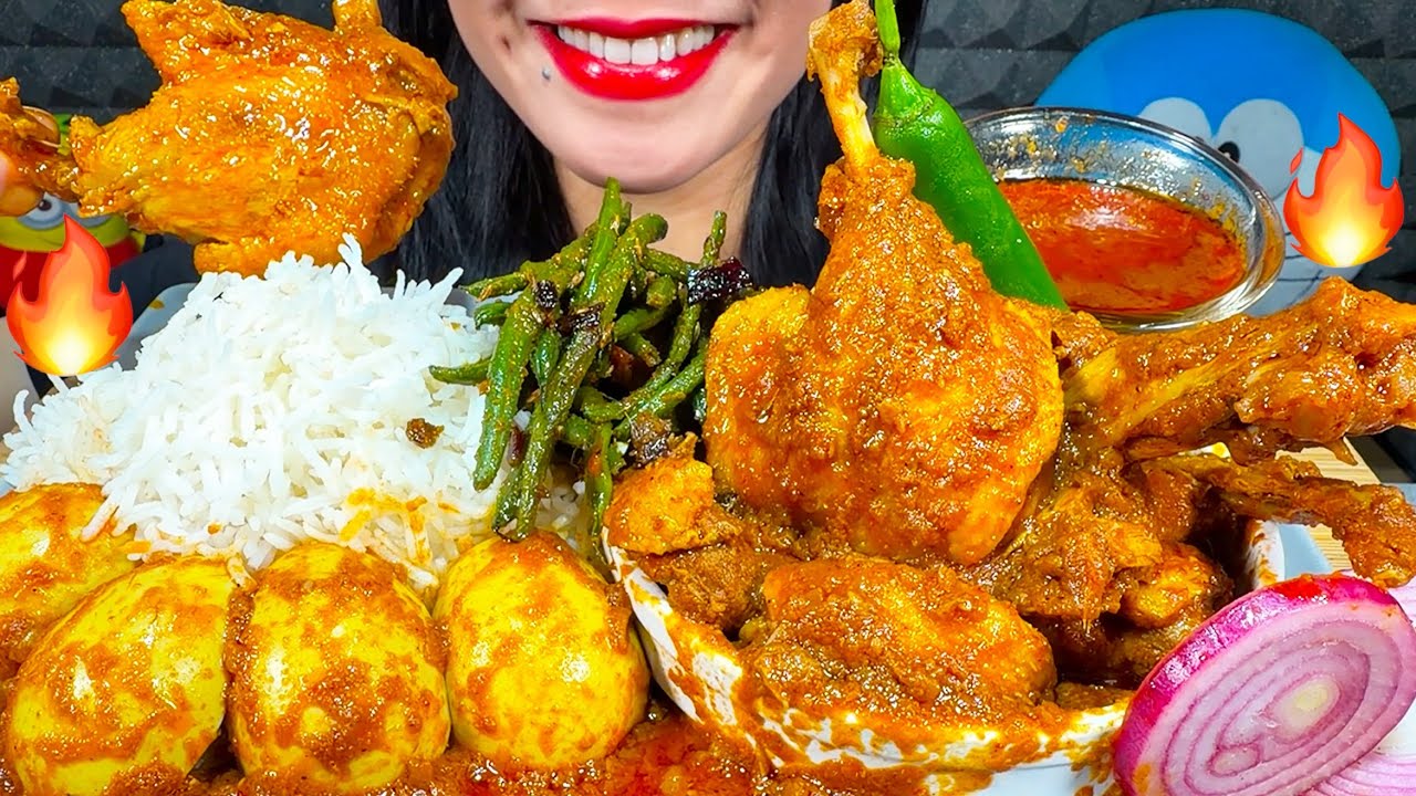 ASMR SPICY DUCK CURRY, EGG CURRY, GREEN BEANS SABJI, RICE MUKBANG MASSIVE Eating Sounds