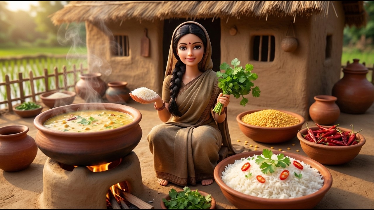 Miniature Doll Massive Clay Pot Dal Rice Cooking ASMR | Feeding Old Couple | Indian Tiny Kitchen