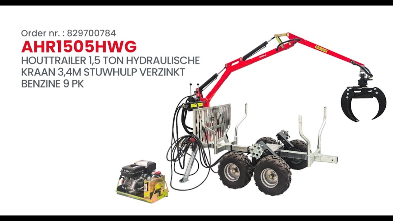 Houttrailer 1,5 ton hydraulische kraan 3,4m stuwhulp verzinkt benzine 9 pk - AHR1505HWG | Torros