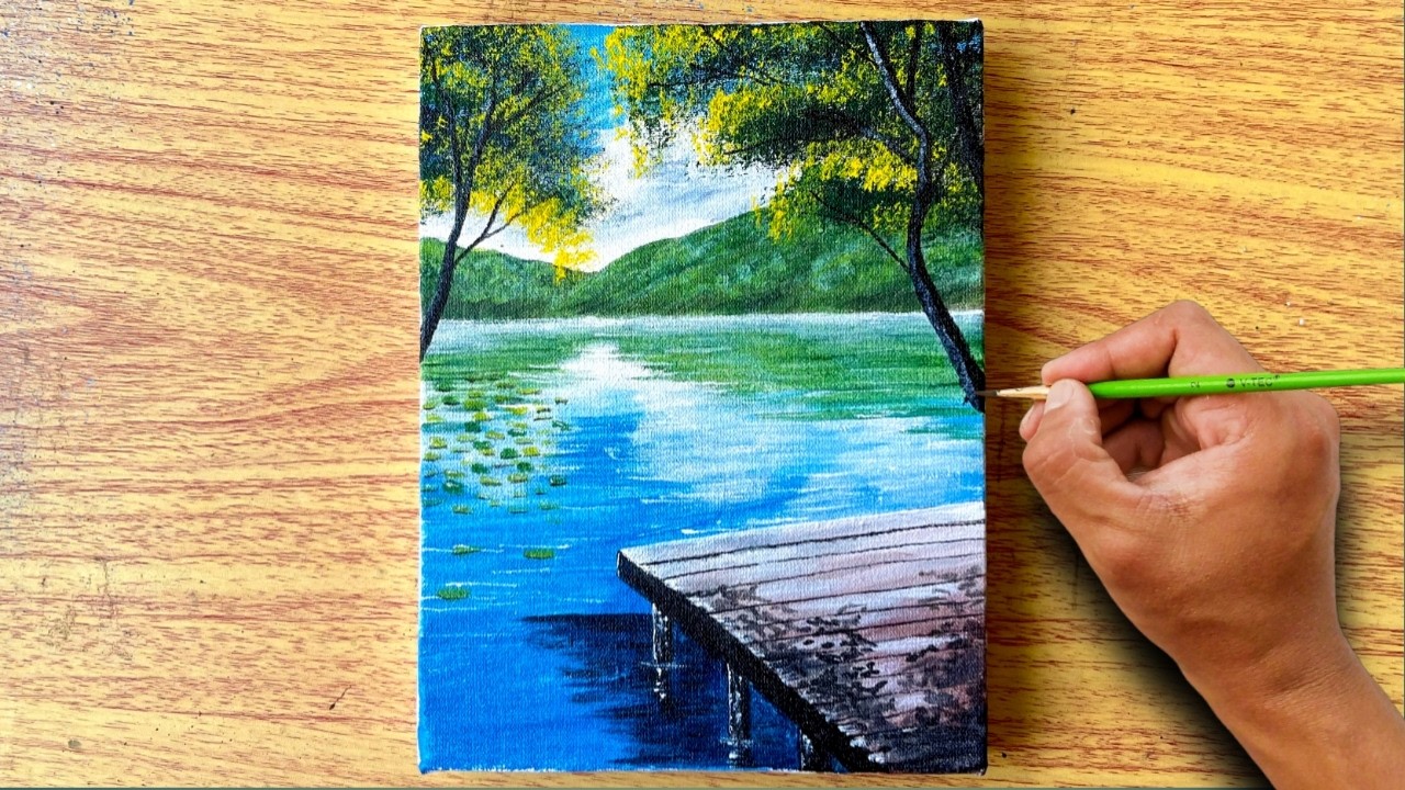 Calm Lake and Dock Landscape Painting / Canvas Painting / Painting Tutorial