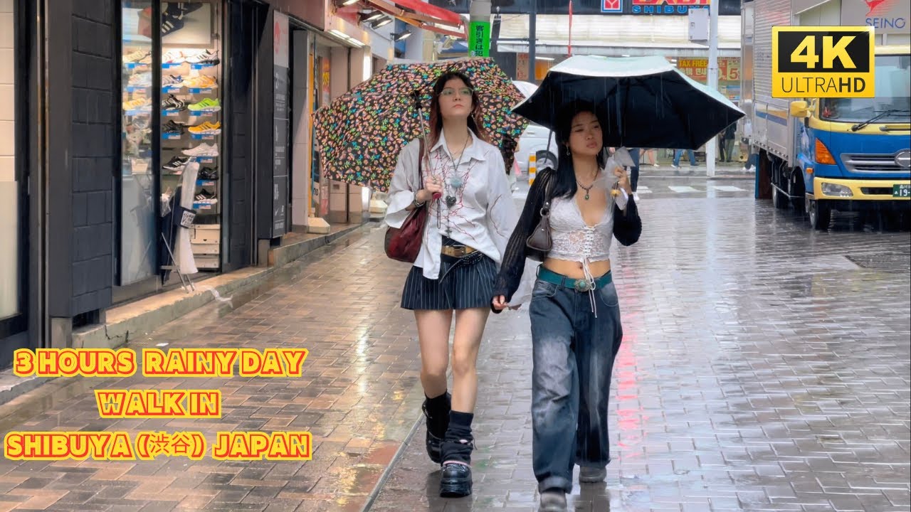 【4k hdr】 3 Hours Rainy day Walk in Shibuya (渋谷) Tokyo Japan | Relaxing Natural City ambience