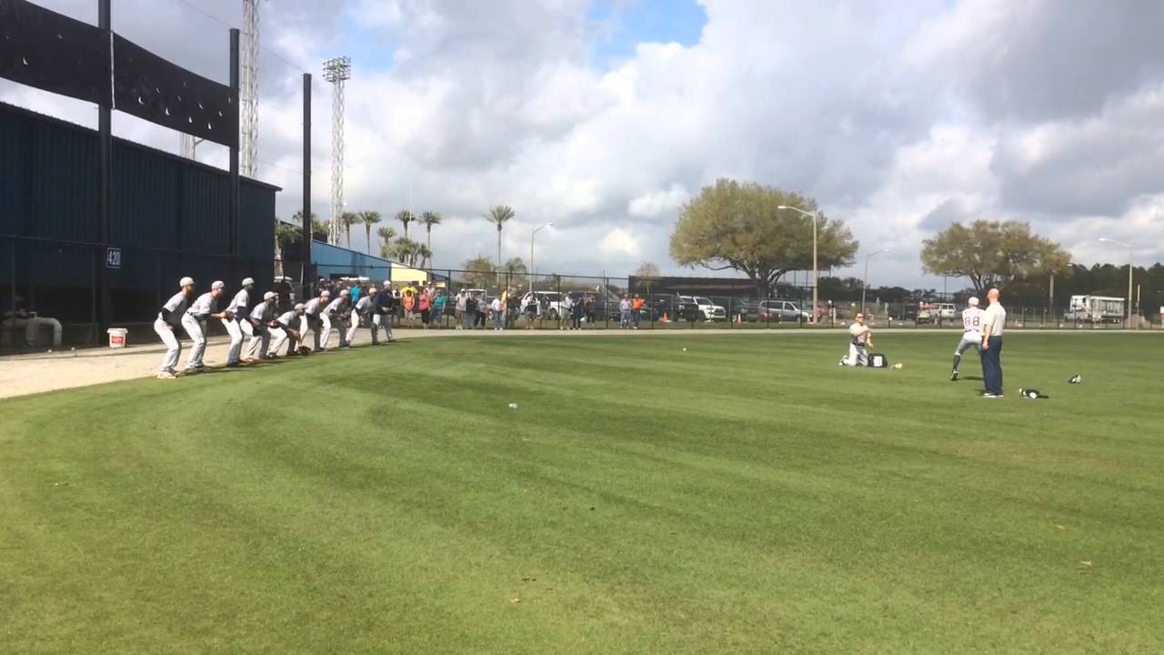 Detroit Tigers pitchers take part in comebacker drill