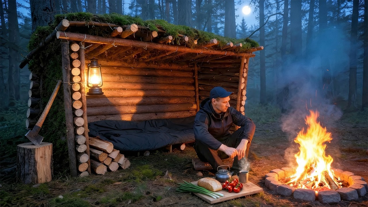 I Built a Bushcraft Log Cabin Alone | Survival Shelter in the Woods