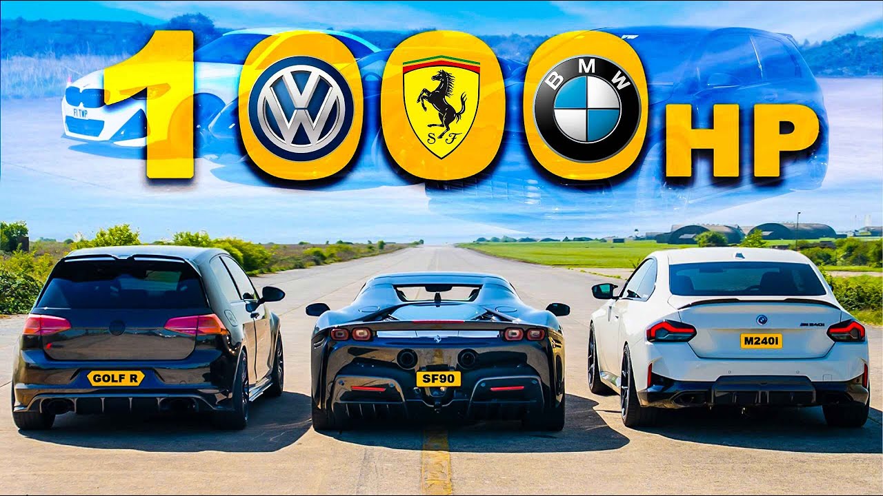 1,000hp Monsters Collide! BMW M240i vs Ferrari SF90 vs Golf R &ndash; Drag Race Showdown