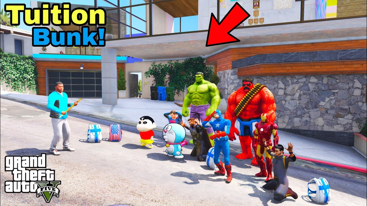 Franklin Take A Test In Tuition Or Shinchan And ALL Avengers Tuition BUNK In GTA V
