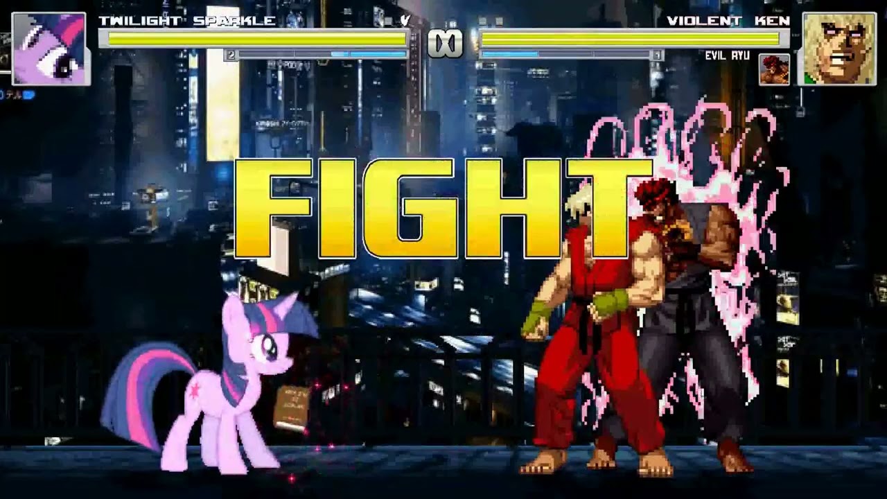 MUGEN - Twilight Sparkle(Enter + Y) vs Violent Ken y Evil Ryu