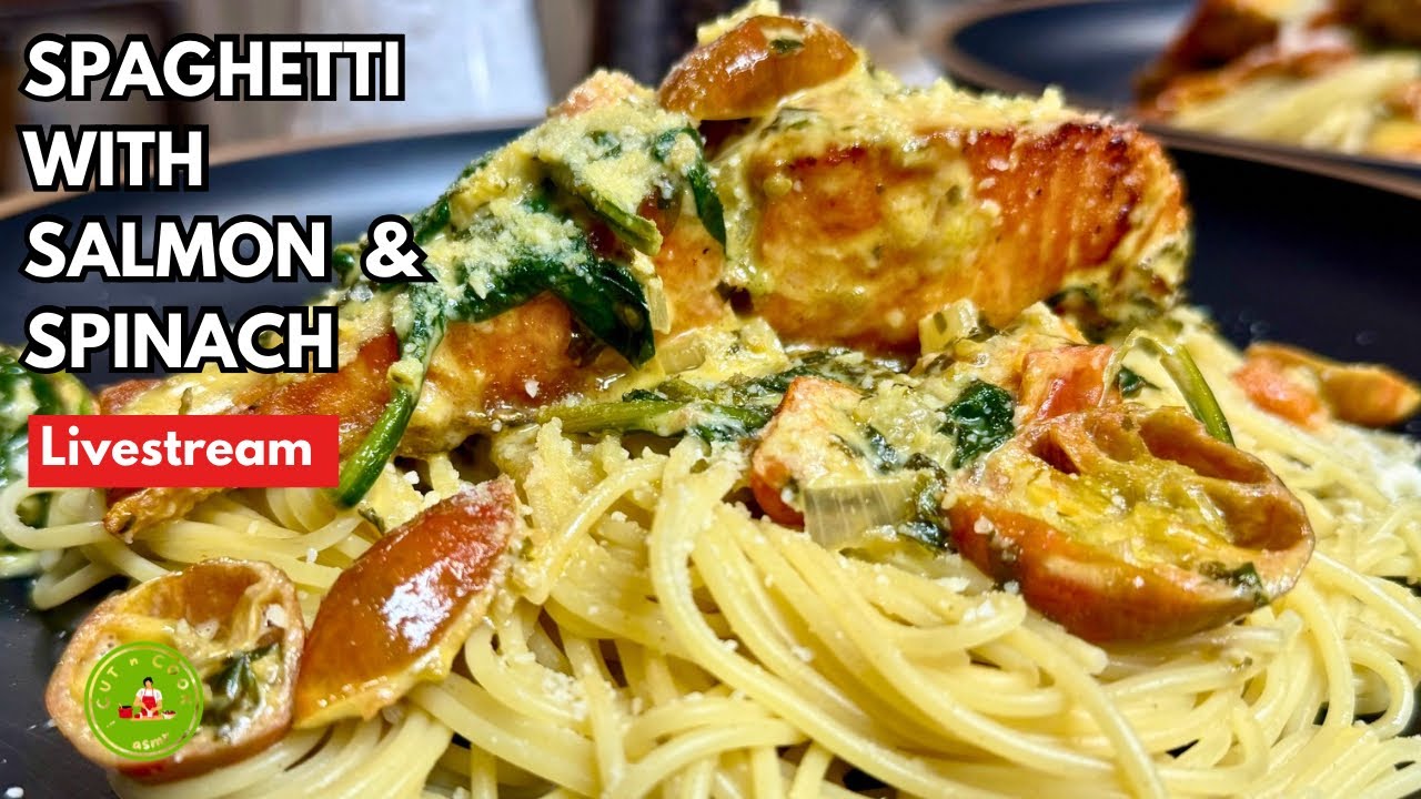 🔴 Savory Spaghetti Delight  with Salmon & Fresh Spinach 
