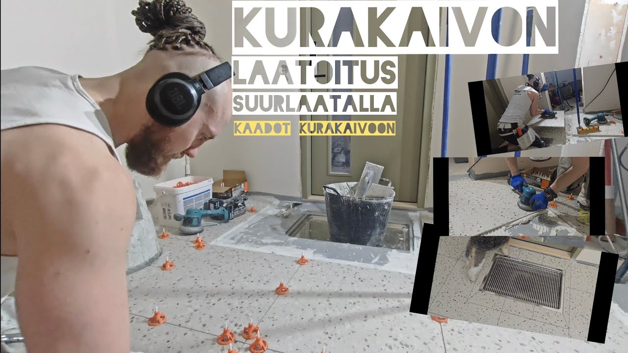 Kurakaivon ympäryksen laatoitus suurlaatalla. Large tile installation