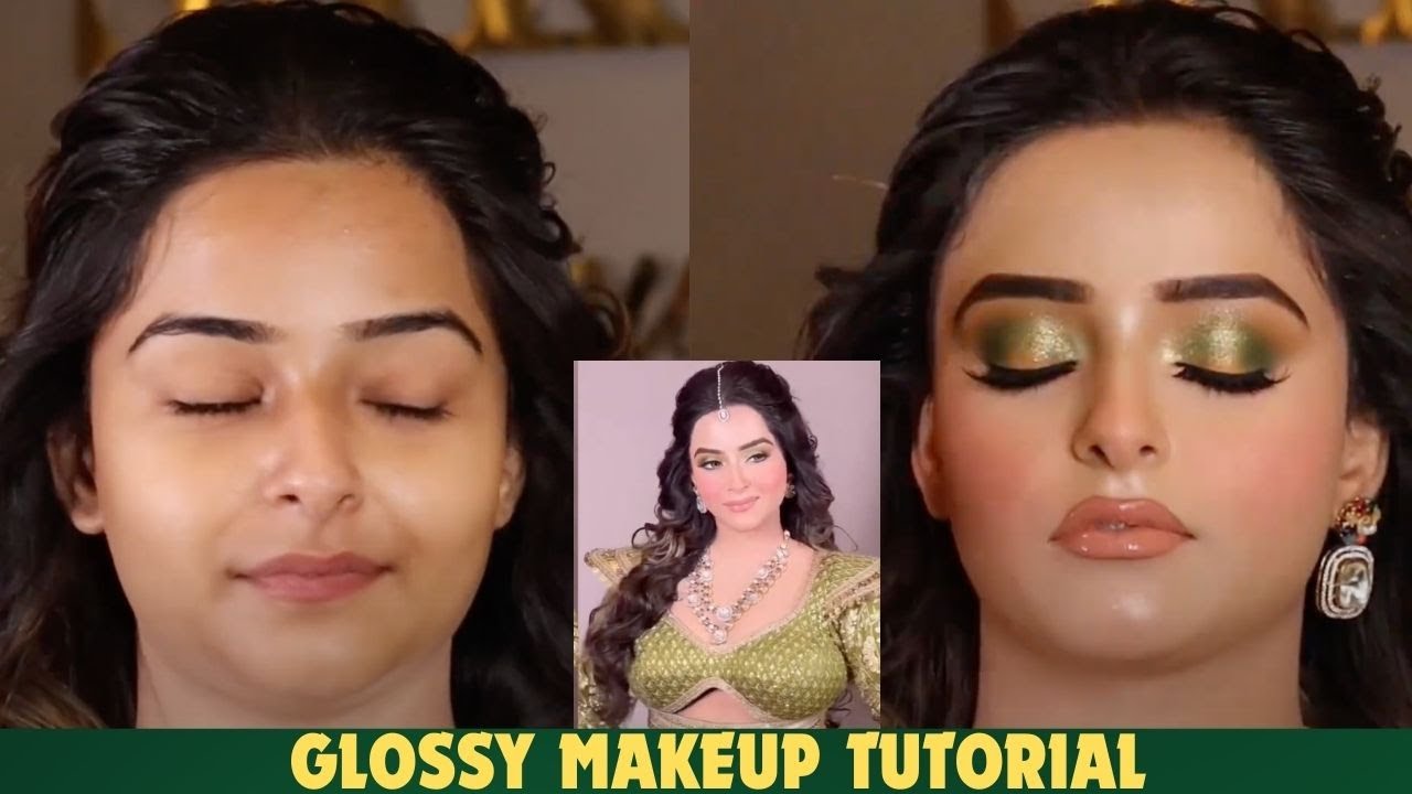 Stunning Glossy Makeup Tutorial  | Flawless Look with Green Outfit & Shiny Base!