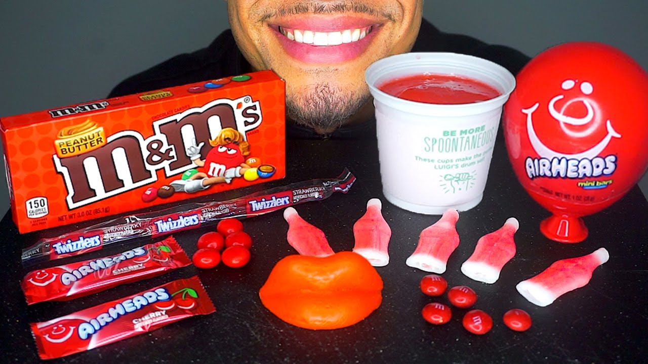 ASMR RED CANDY EATING ICEE SLUSHIE MUKBANG AIRHEADS M&M'S TWIZZLERS EATING SHOW TALKING MOUTH SOUNDS