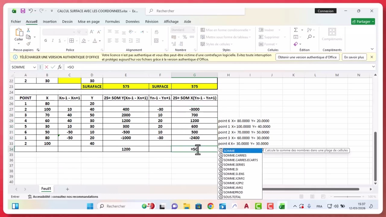 CALCUL SURFACE AVEC LES COORDONNEES