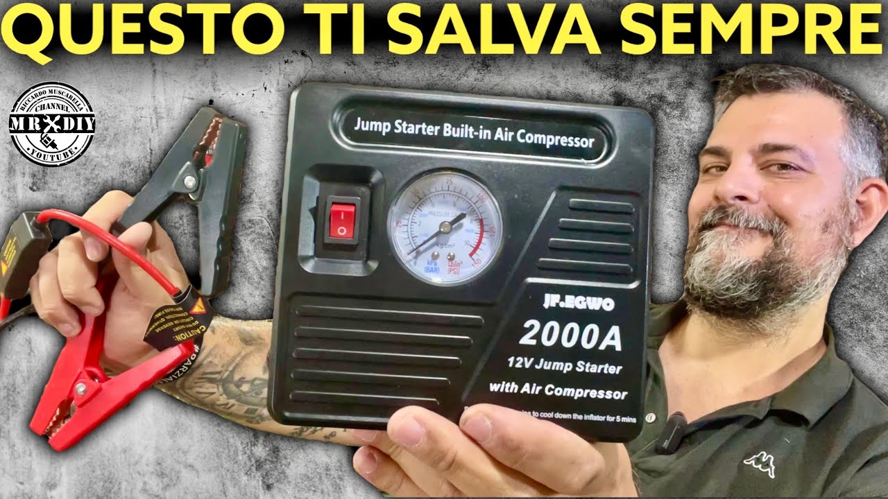 Jump starter con compressore ricaricabile. JF.EGWO 2000A Avviatore auto e moto con batteria scarica