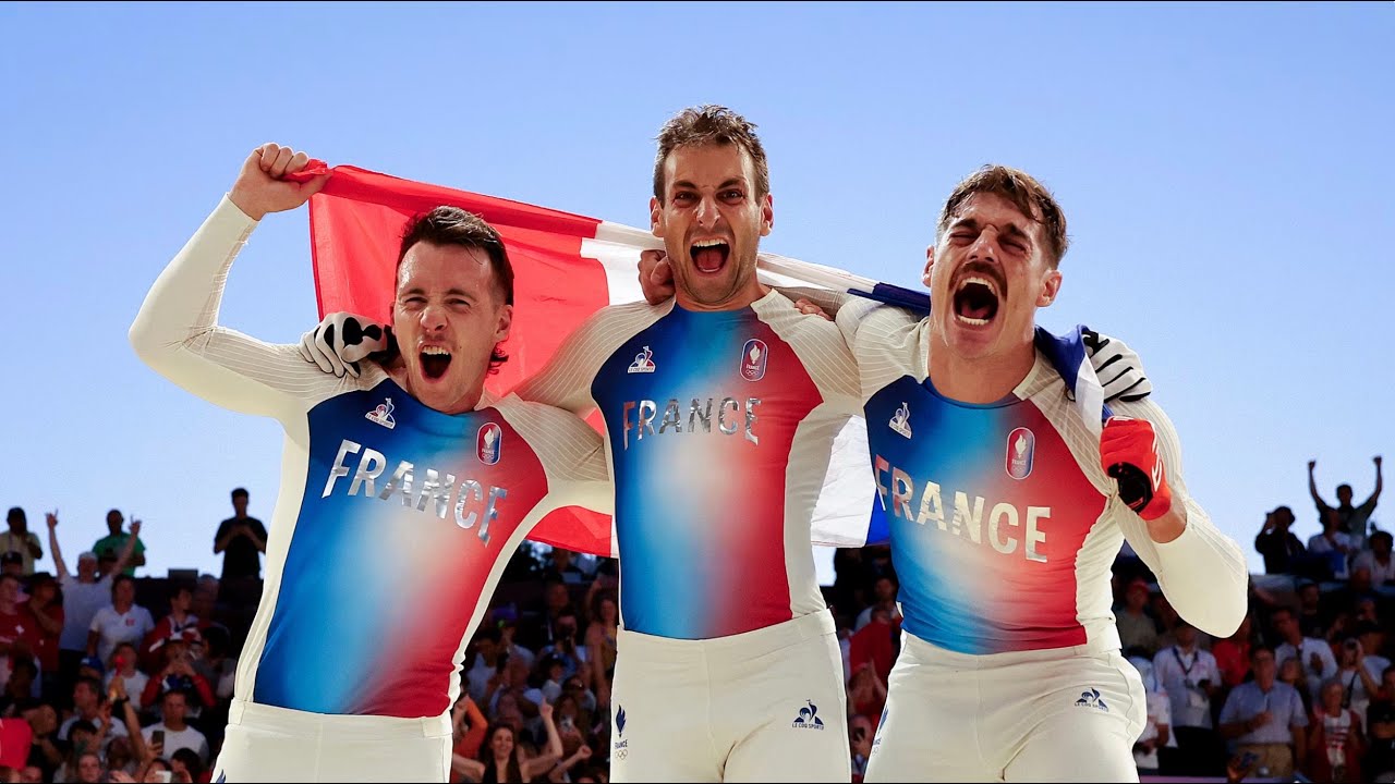 Olympiques CLUB 2024 FRANCE. Fans cheering up when France achieves clean sweep in men's BMX racing.