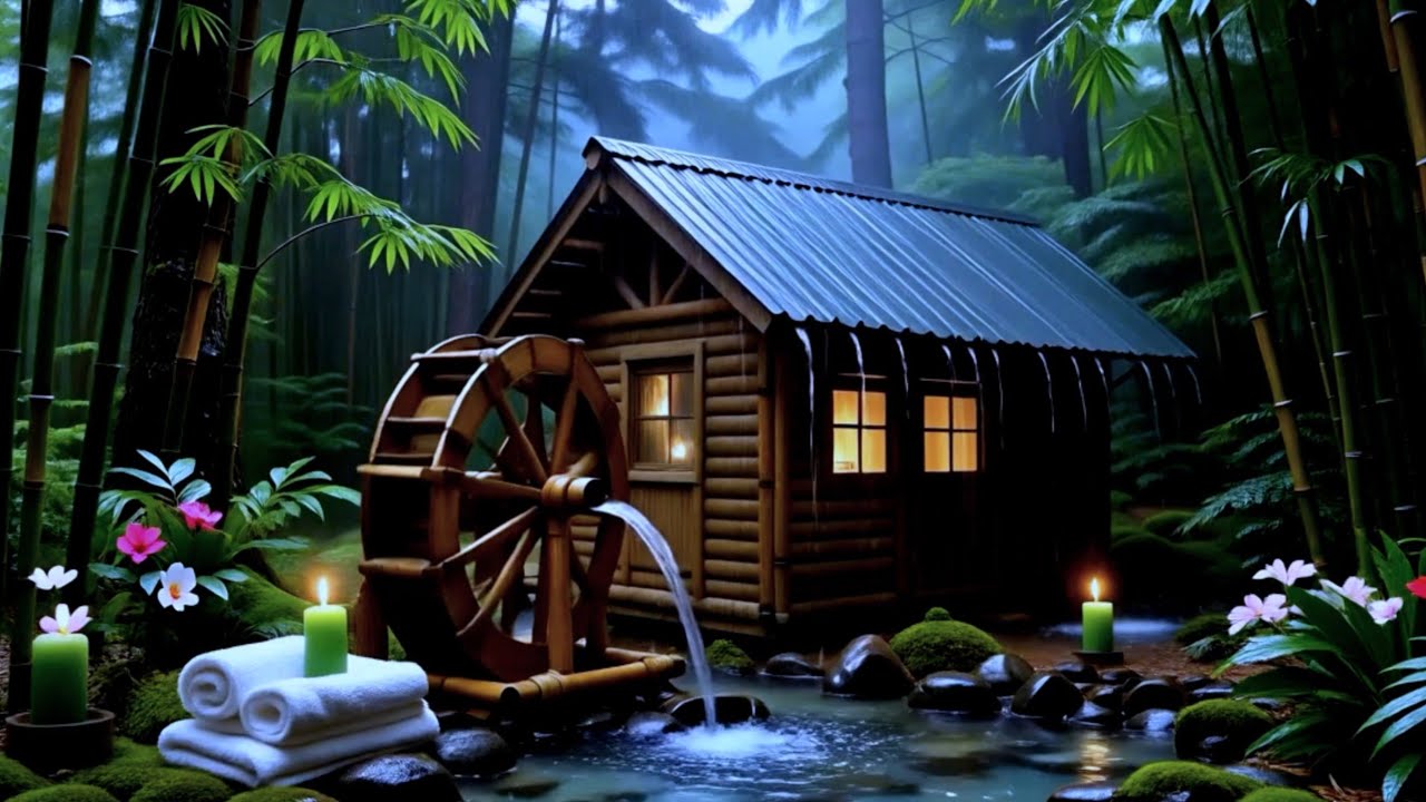 Tranquil Watermill Sounds with Piano | Forest Cabin Ambience for Sleep & Stress Relief
