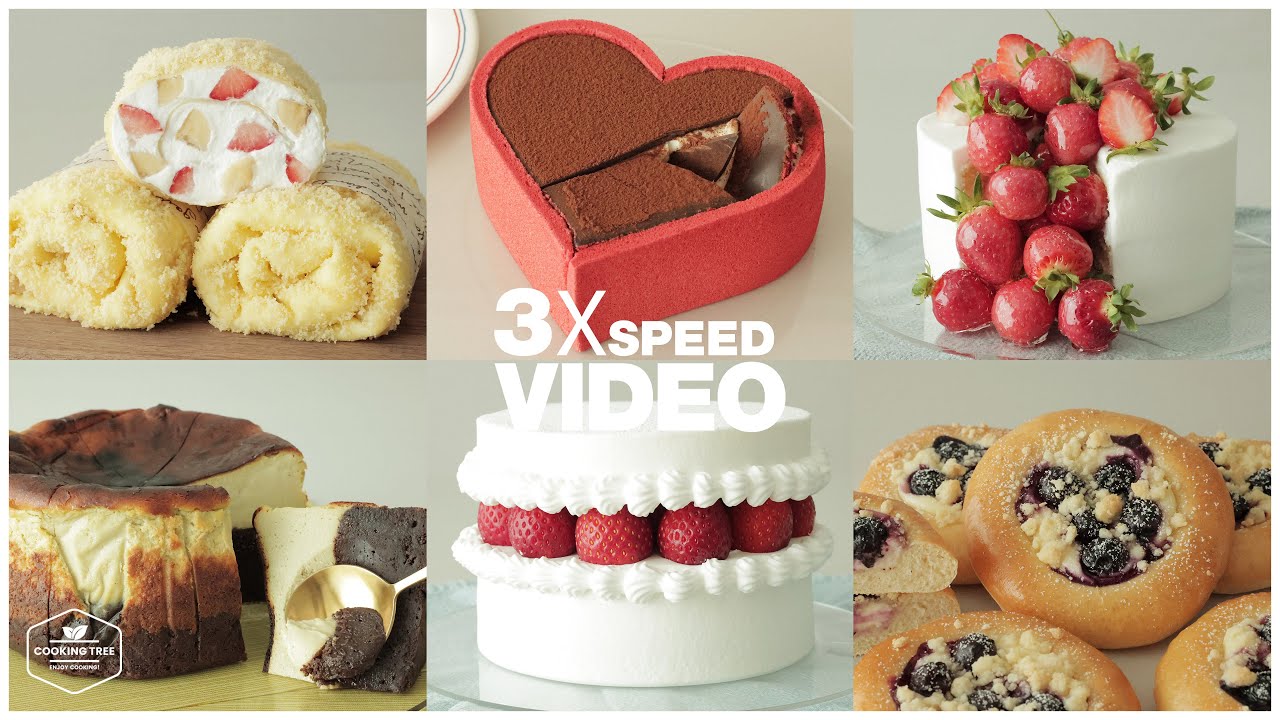 #128 3x Speed 케이크 디저트 베이킹 영상 : Cake Dessert Baking Video | 수건 케이크,딸기 케이크,브라우니 치즈케이크 | Cooking tree