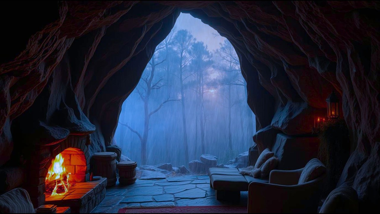 Rainthoria Nights 🌧️ Hidden Cave Fireplace & Night Forest Ambience🔥