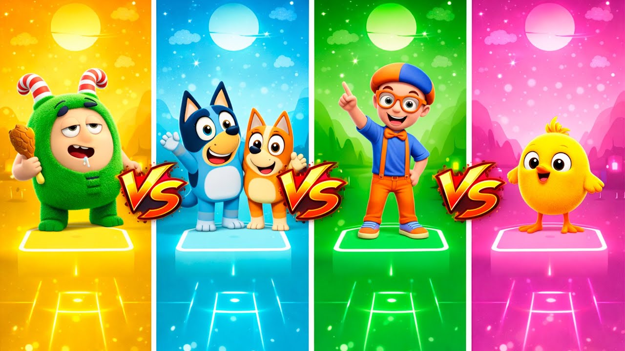 Oddbods Zee 🆚 Bluey Bingo 🆚 Blippi 🆚 Where's Chicky | Tiles Hop Rhythm Music
