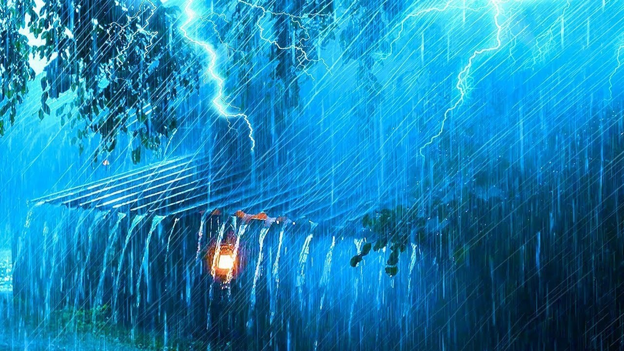 Goodbye Stress to Sleep Instantly with Heavy Rain & Thunder on Old Metal Roof in Rainforest at Night