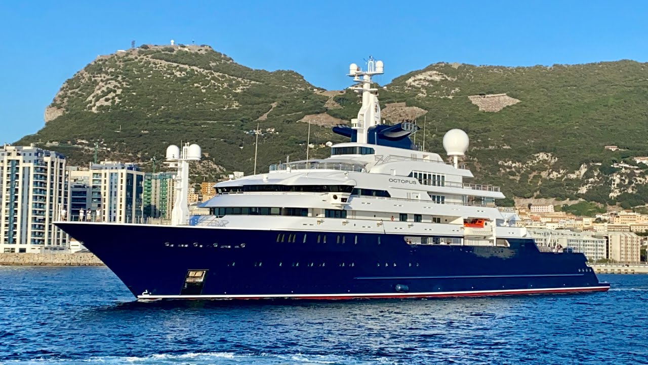 OCTOPUS, Recently sold for a reported €235,000,000 126m Superyacht departing the port of Gibraltar
