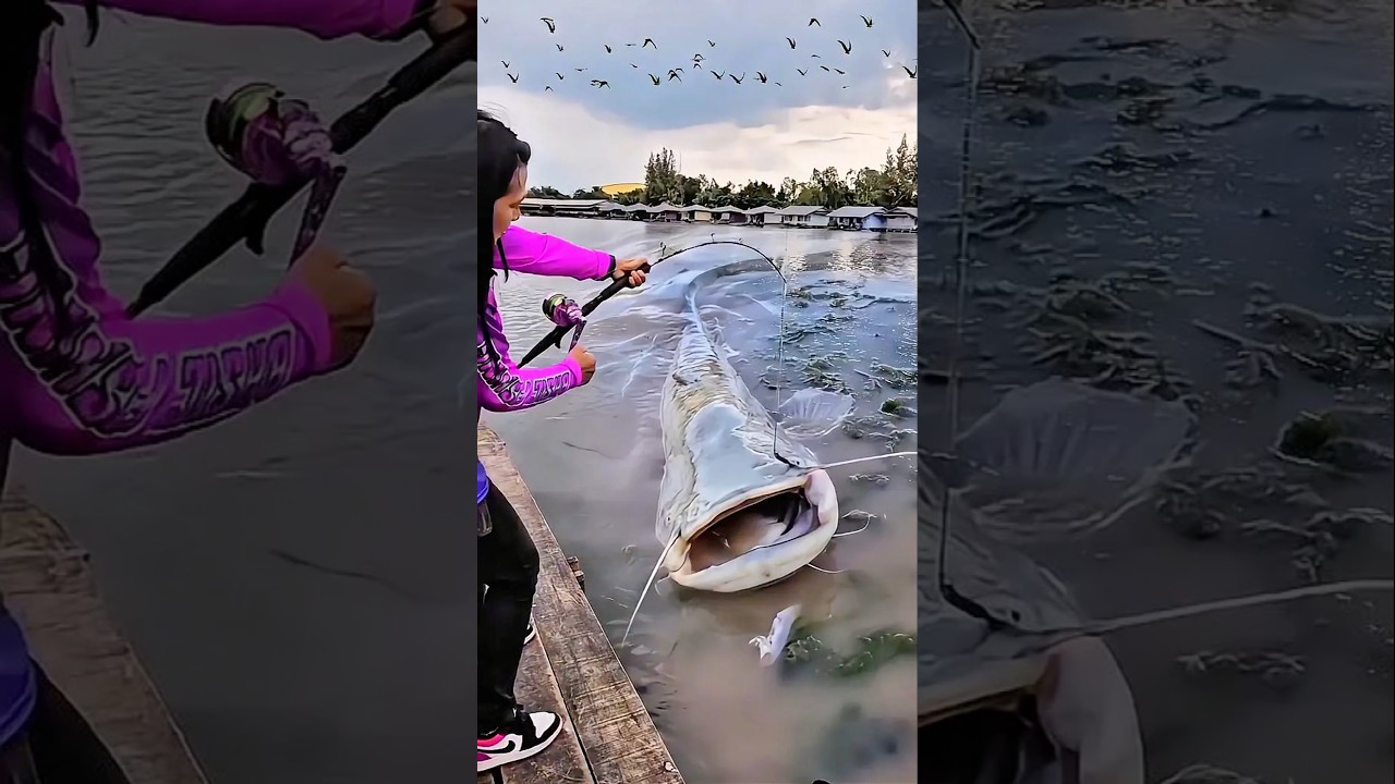Lady angler langsung happy dapat ikan lele raksasa. #fishing #bigfish #shorts