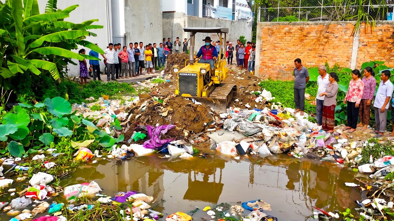Incredible New PROJECT! Skill Dozer D20P Push Garbage & Soil Into Water & Dump Truck Filling Land