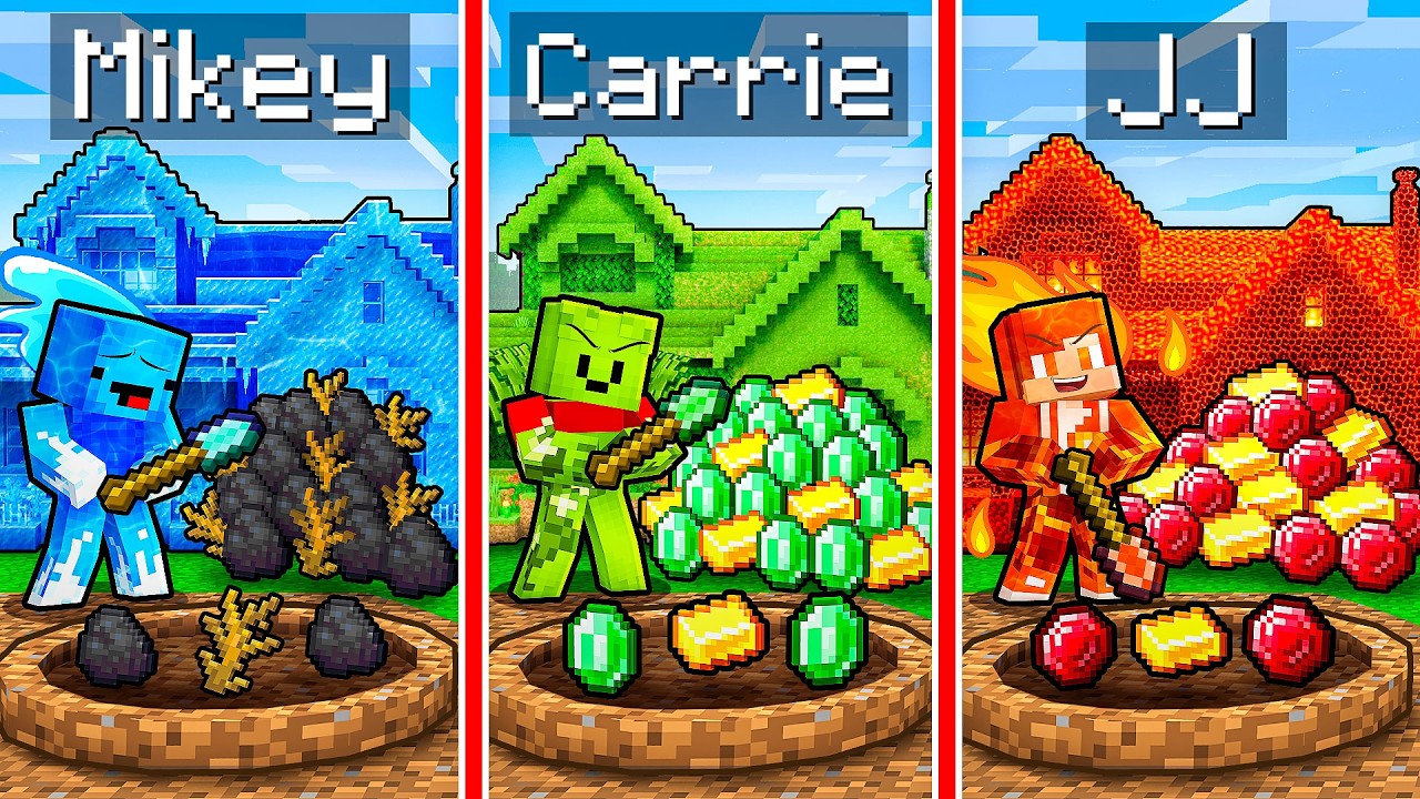 JJ vs Mikey vs Carrie: ELEMENTAL TREASURE MINE BATTLE in Minecraft - Maizen