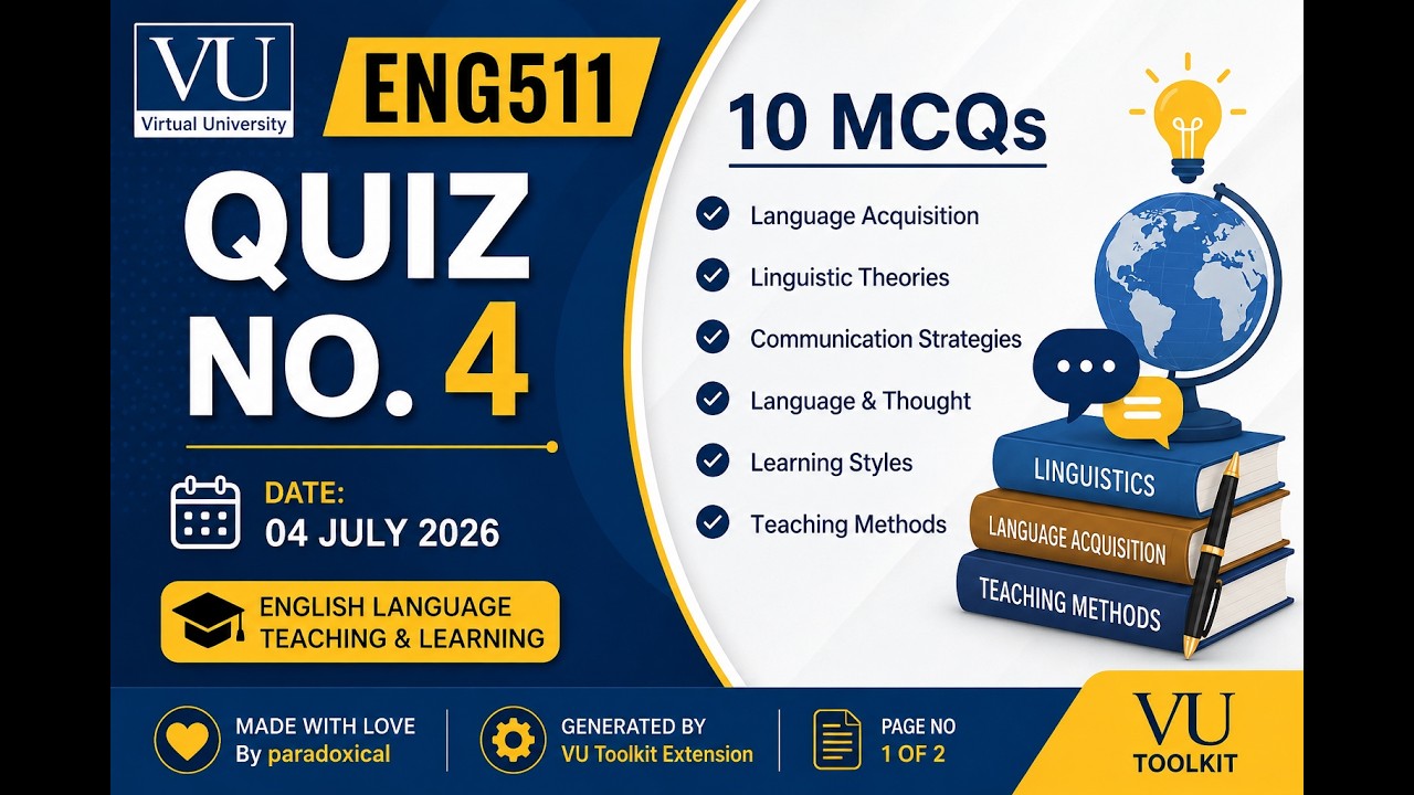 ENG511 Quiz No. 4 Solved | 04 July 2026 | VU Final Term | Latest MCQs with Answers #virtual #exam