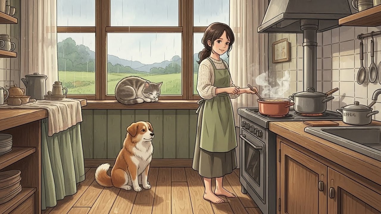 Rainy Day Countryside Living Cooking Asmr with Pets| Slow Cooking, Quiet Thoughts| Animation