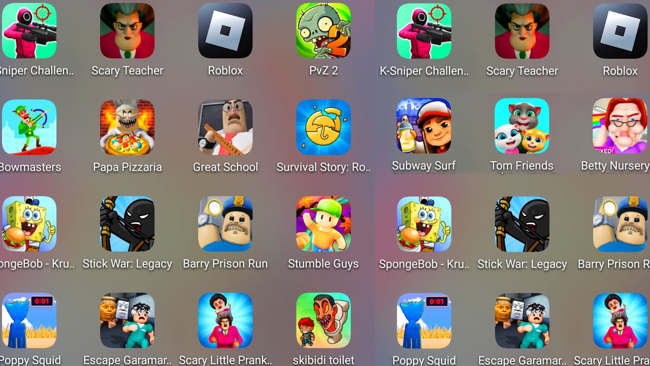 Bowmasters,K-Sniper Challenge 3D,StickWar Legacy,SpongeBob Krusty,Escape Garamaram,Poppy Squid,PvZ 2