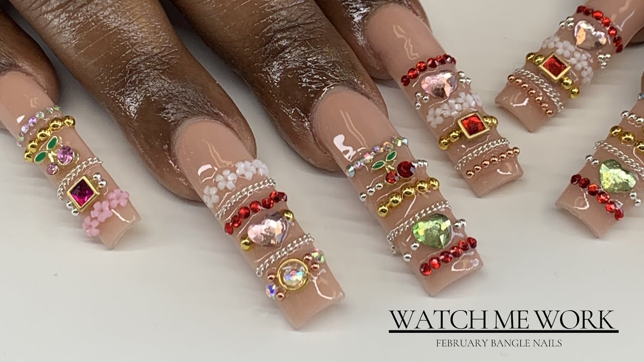 Watch Me Work: February Bangle Nails w/ Gems & Charms 💞 