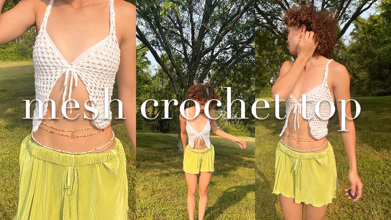 как связать крючком сетчатый топ с бантом спереди