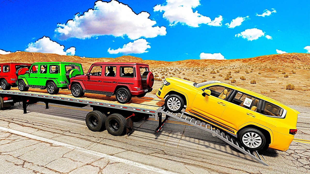 Four Trucks Transporting cars with Flatbed Trailers | Cars vs Speedbump vs Train vs Pothole #000